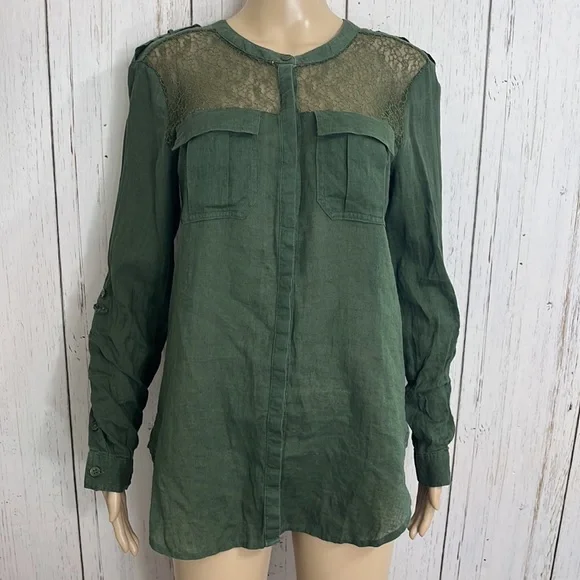 Free People Green Linen Cotton Blend Long Sleeves Army Green Top Lace Bodice - Picture 3 of 11